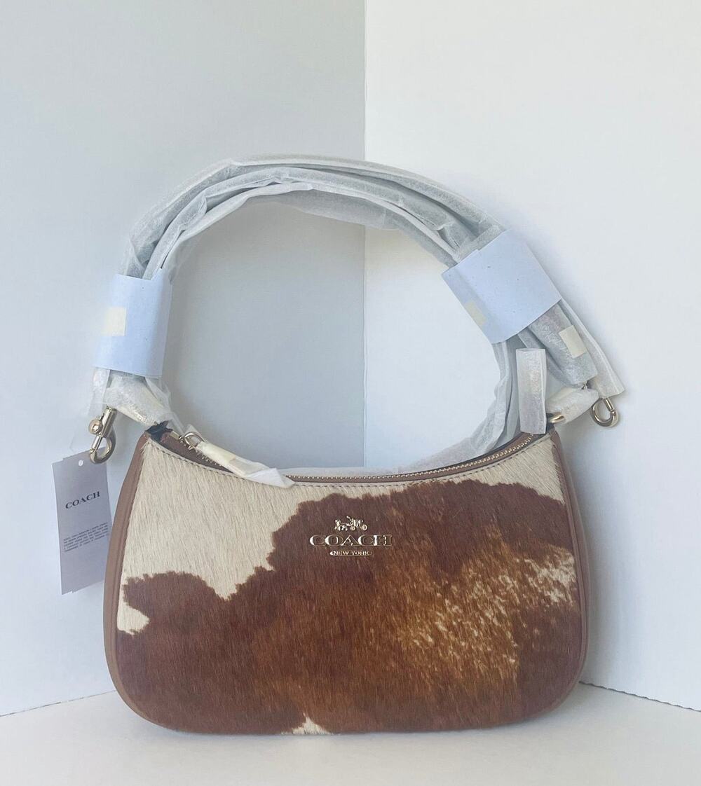 Coach Teri Shoulder Bag Haircalf Cow Print Brown Leather CDW45